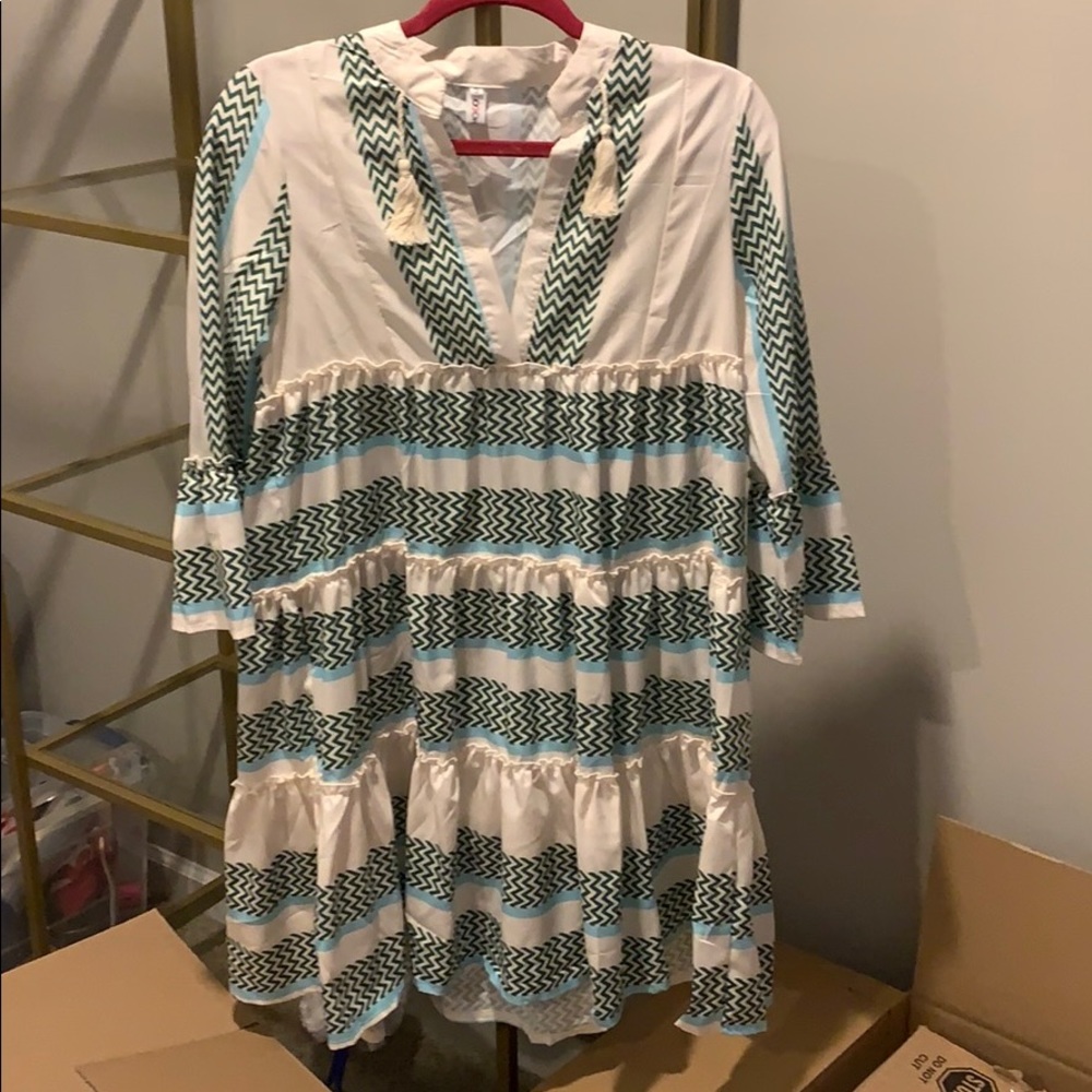 Green and Cream Zig Zag Tiered Dress